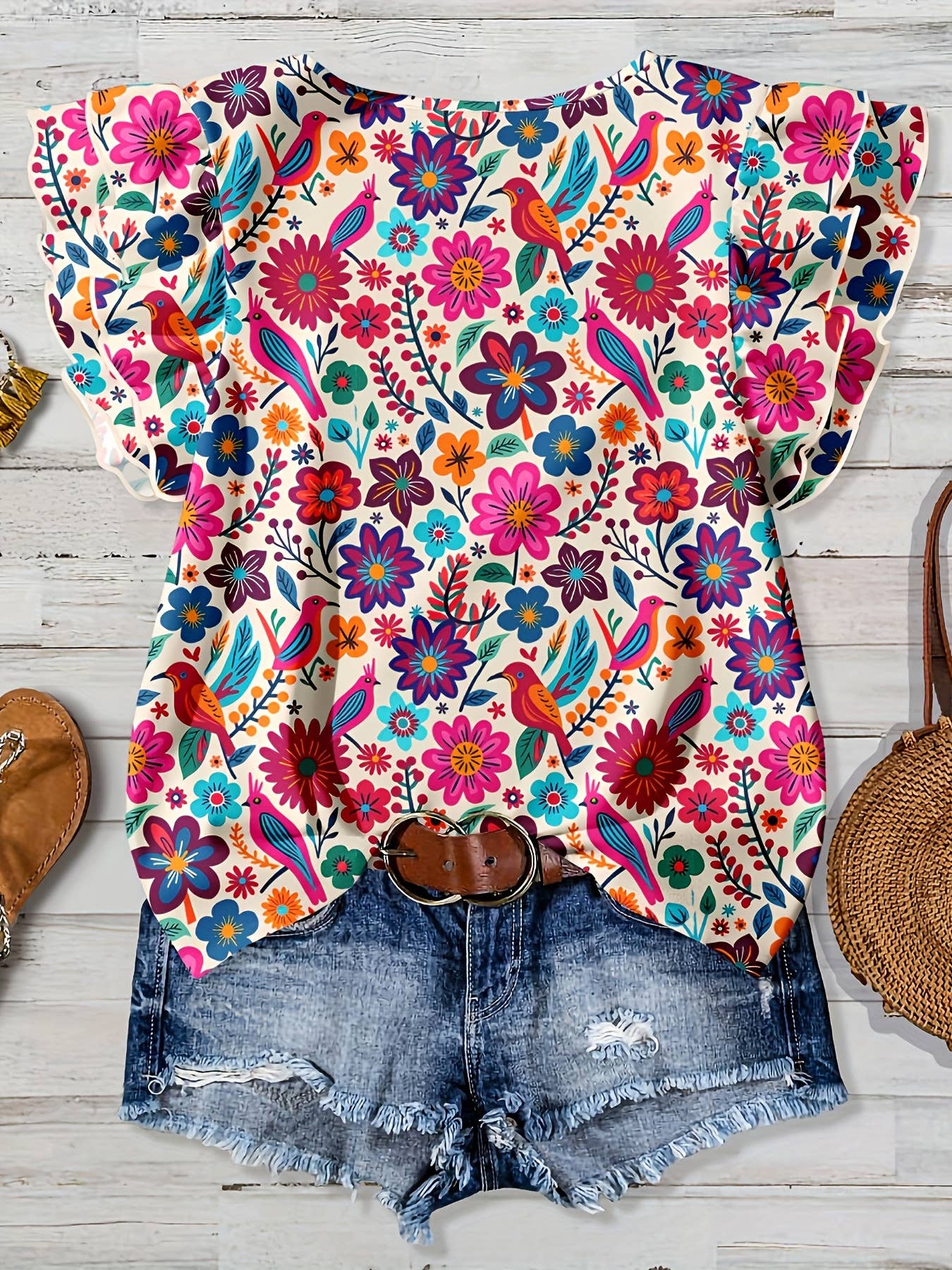 Western Vintage Summer Ruffled Sleeve Floral Print Top