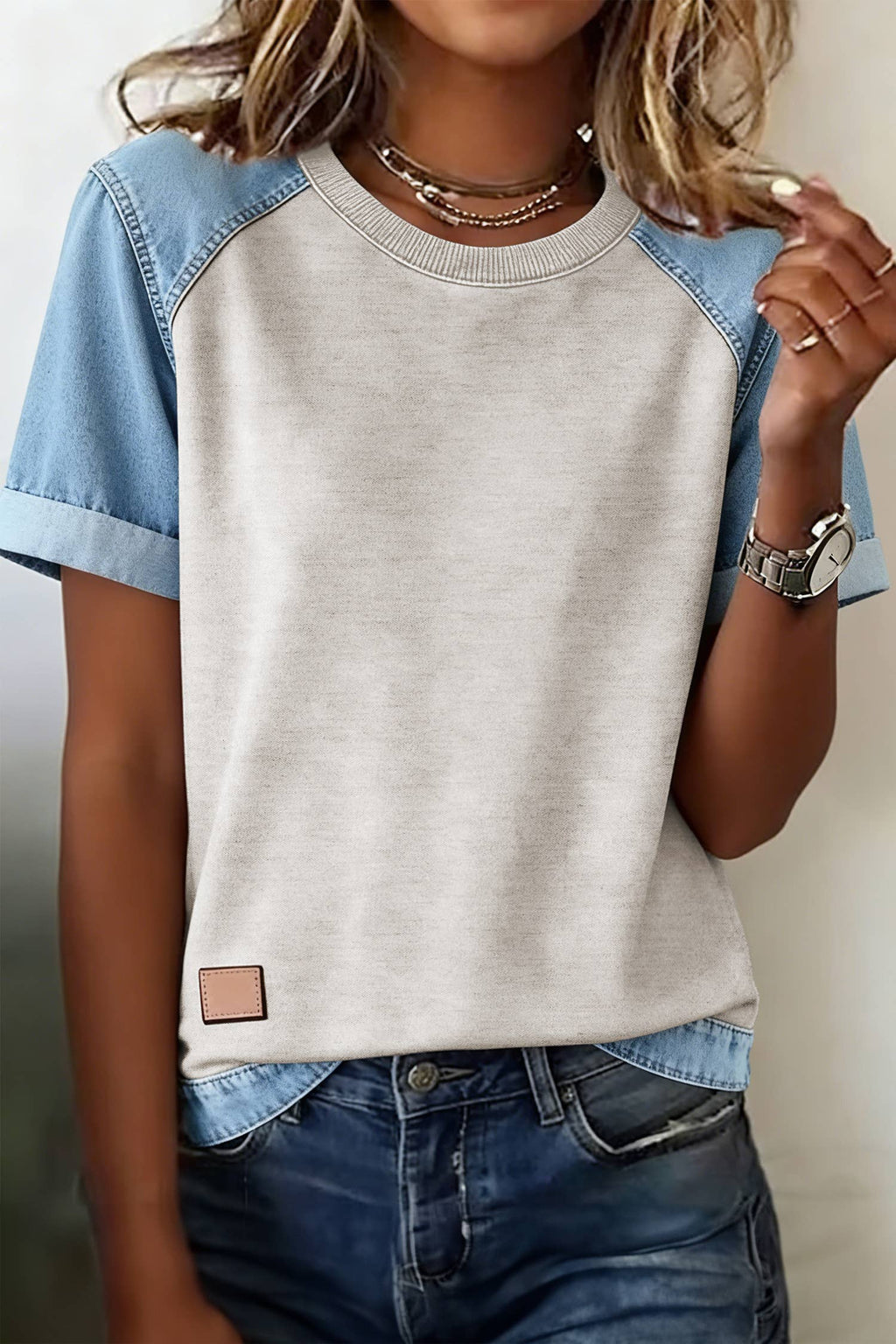 Denim Color Block Patchwork Round Neck Tee