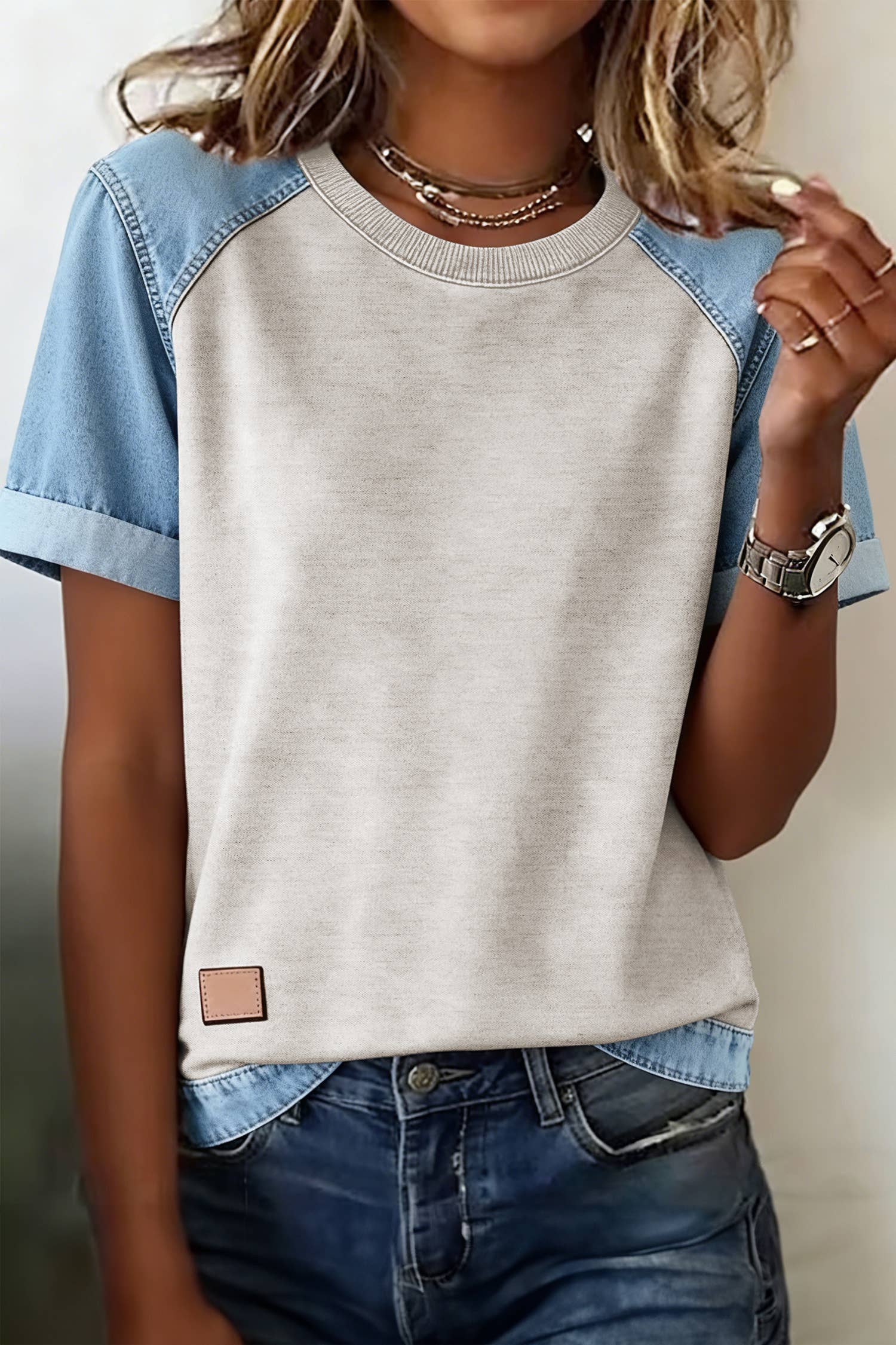 Denim Color Block Patchwork Round Neck Tee