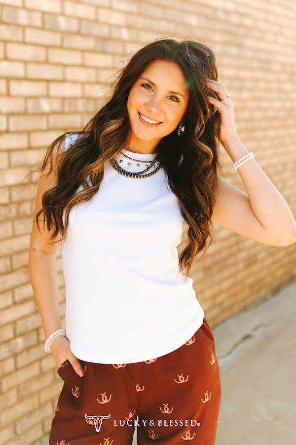 Plus Size Ivory Vintage Silver Studded Tank Top 