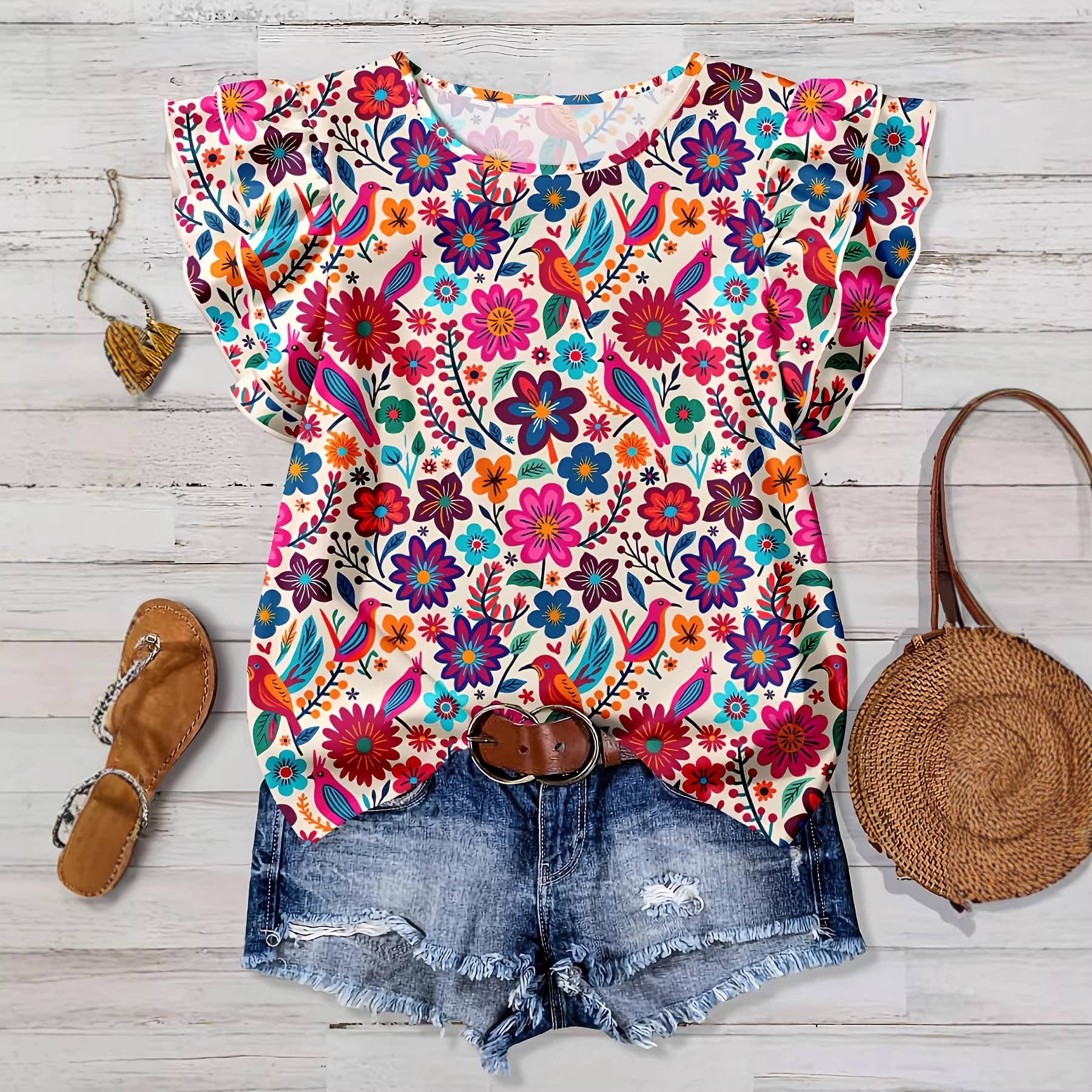 Western Vintage Summer Ruffled Sleeve Floral Print Top