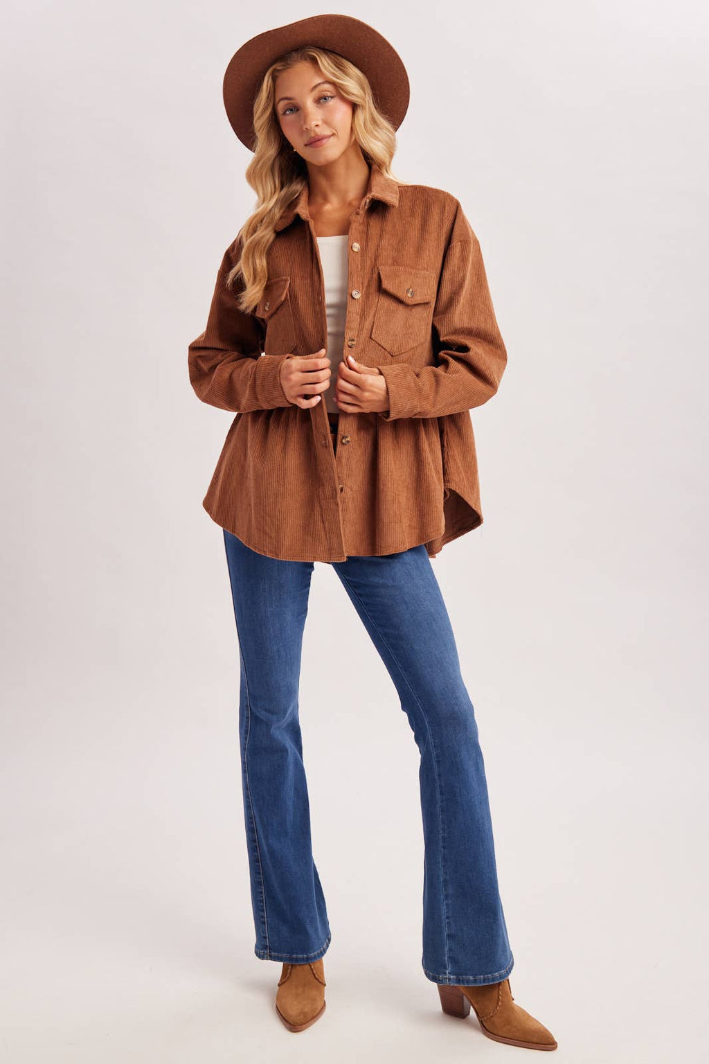 BUTTON DOWN CORDUROY PEPLUM SHACKET