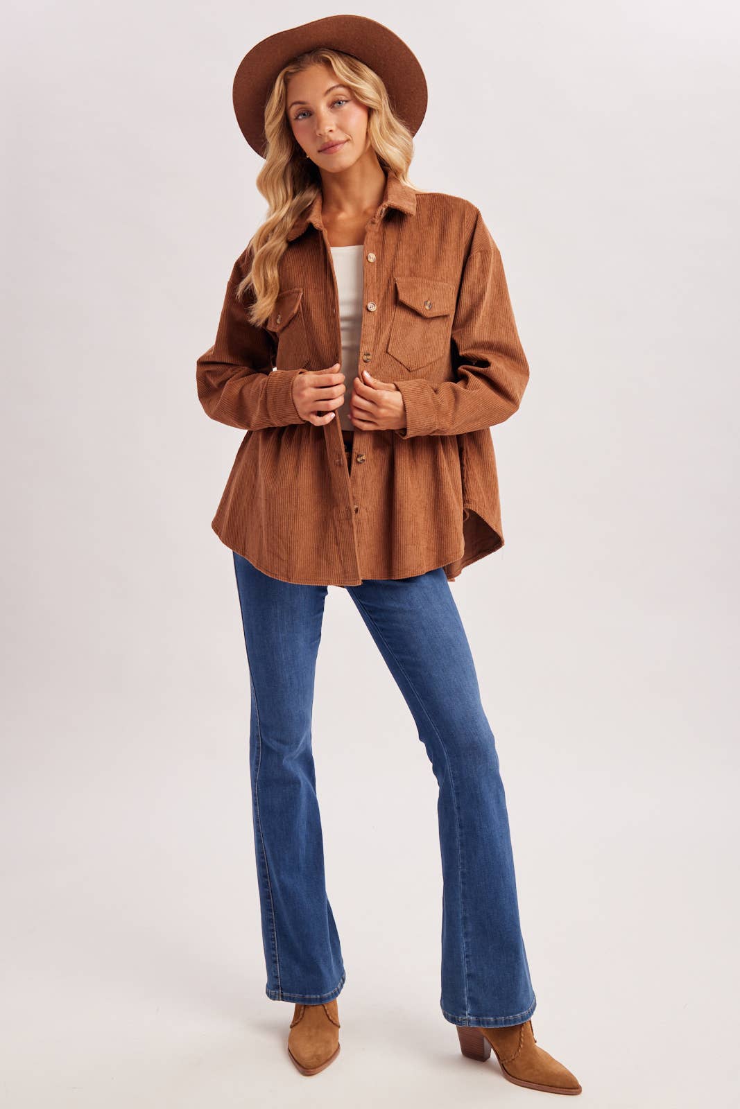 BUTTON DOWN CORDUROY PEPLUM SHACKET