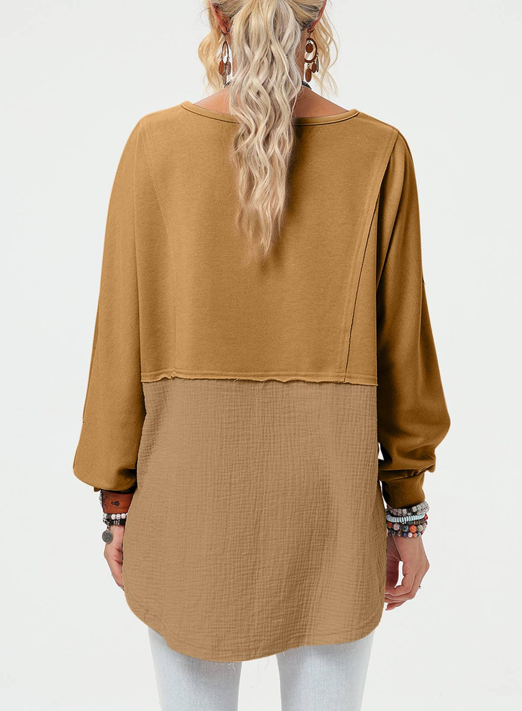 Crinkle Splicing Raw Hem High Low Oversized Blouse