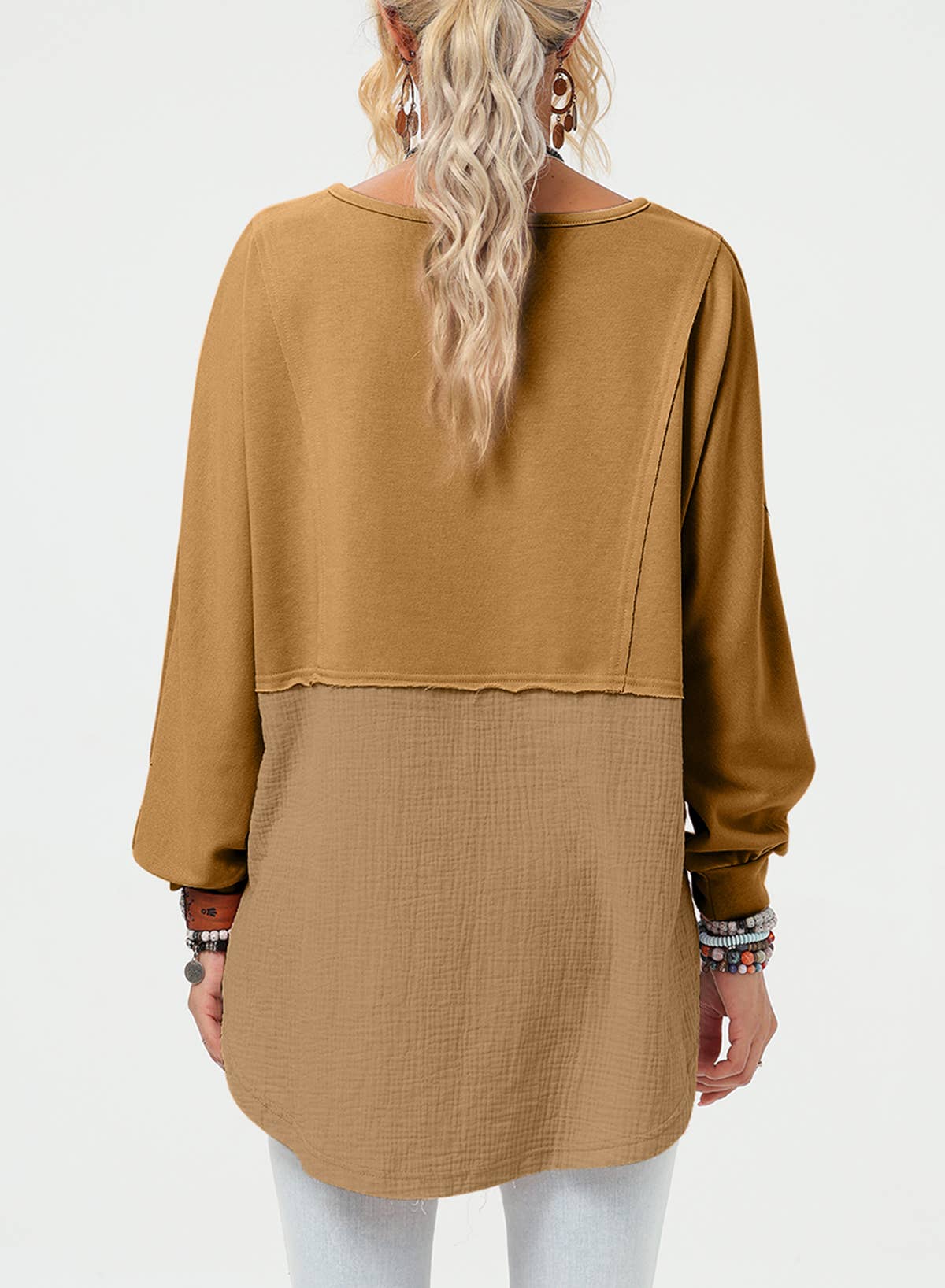 Crinkle Splicing Raw Hem High Low Oversized Blouse
