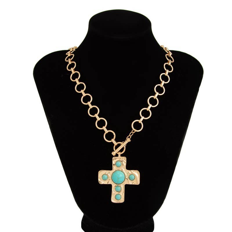 Hammered Jewel Cross Toggle Necklace