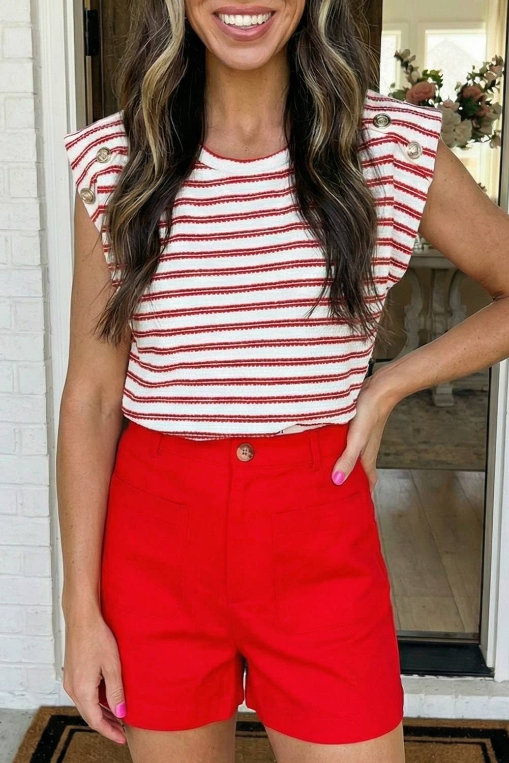 Stripe Textured Knit Button Detail Casual Tee