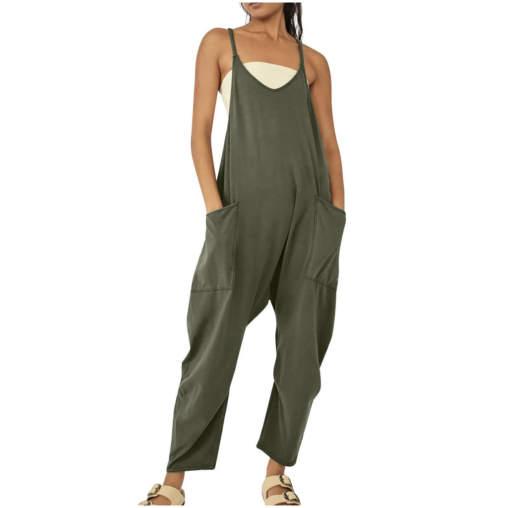 Solid Color Suspender Jumpsuit with Pockets