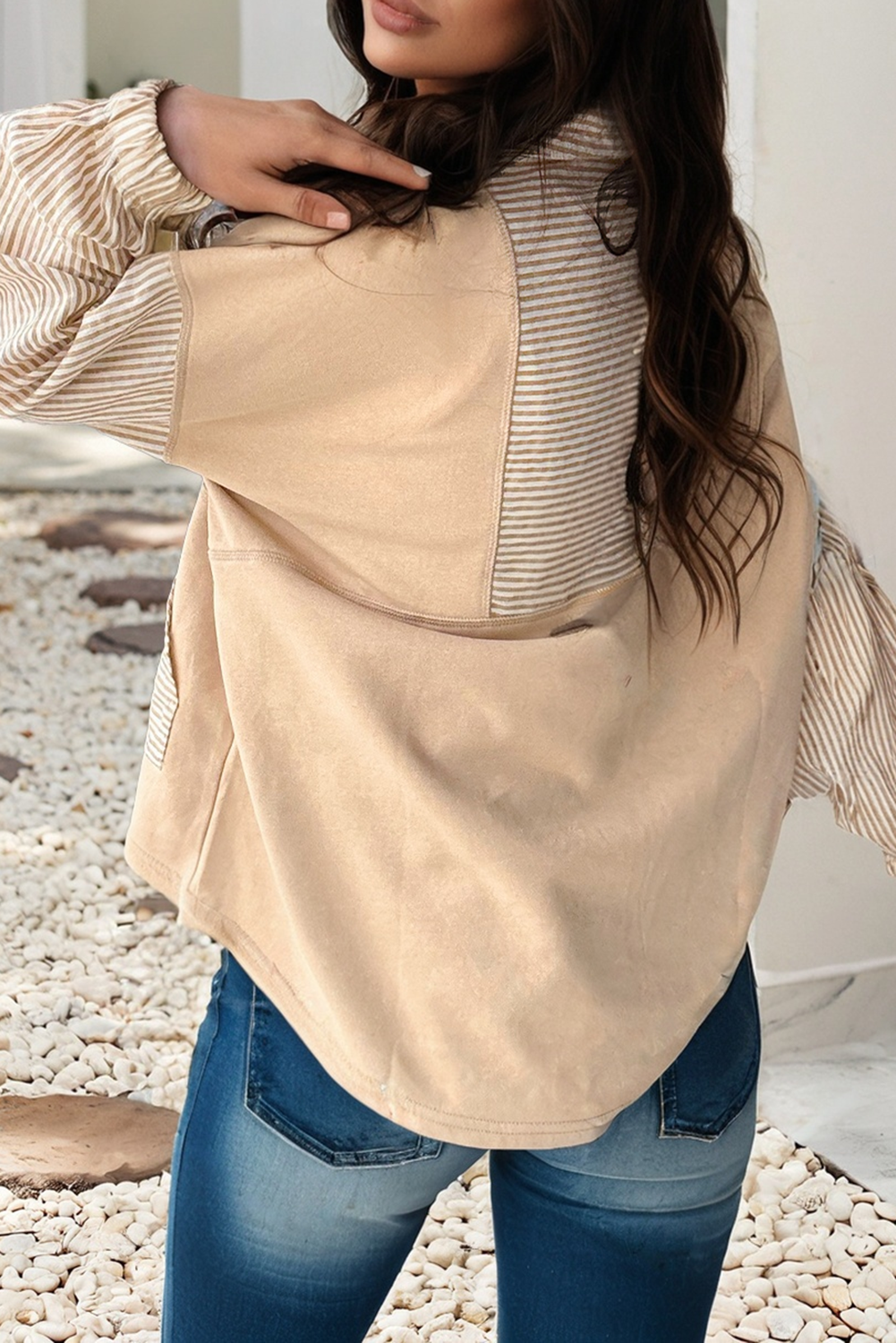 Striped Collared Zipper Long Sleeve Blouse