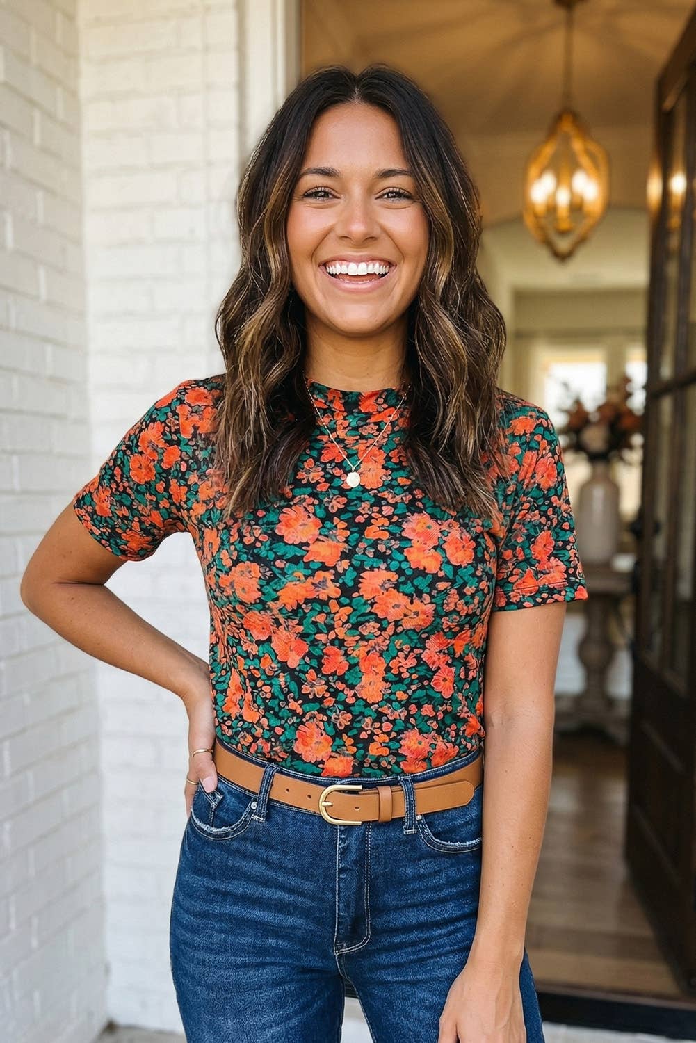 Retro Floral Printed Mesh Western Top