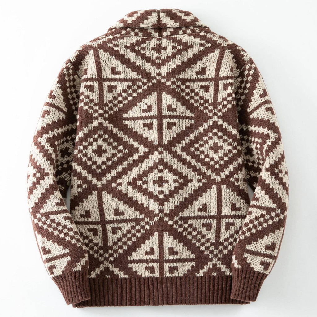 Cowichan-style Geometric Aztec Jacquard Knit Sweater