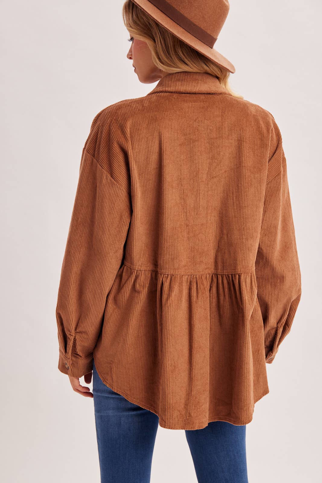 BUTTON DOWN CORDUROY PEPLUM SHACKET