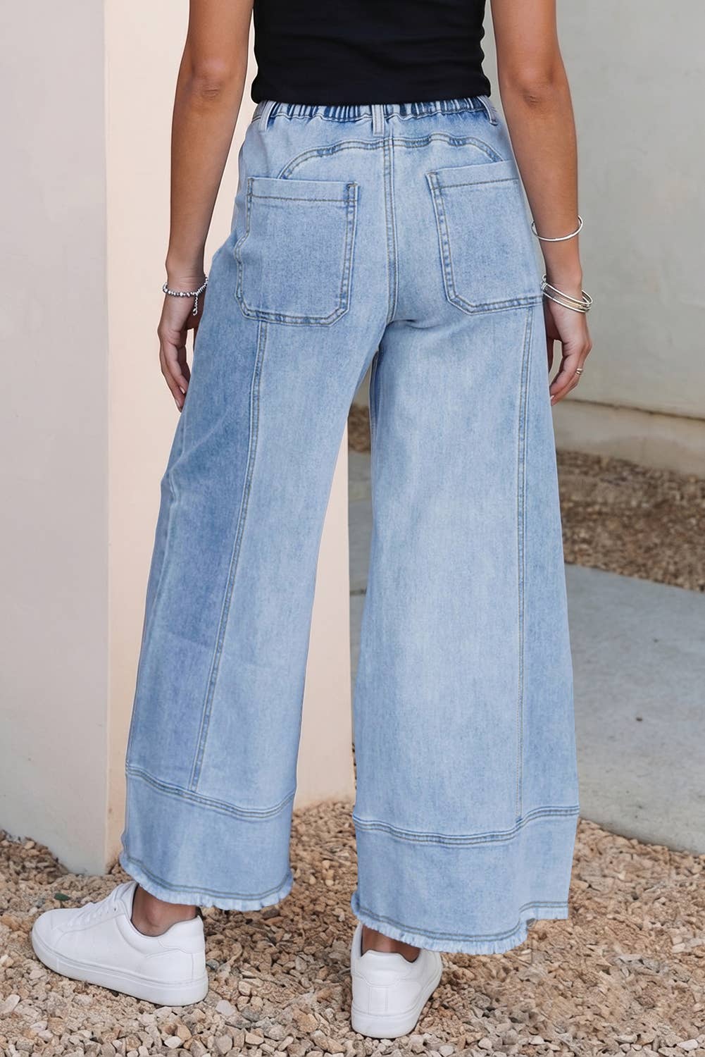 Drawstring Seam Detail Raw Hem Wide Leg Denim Pants