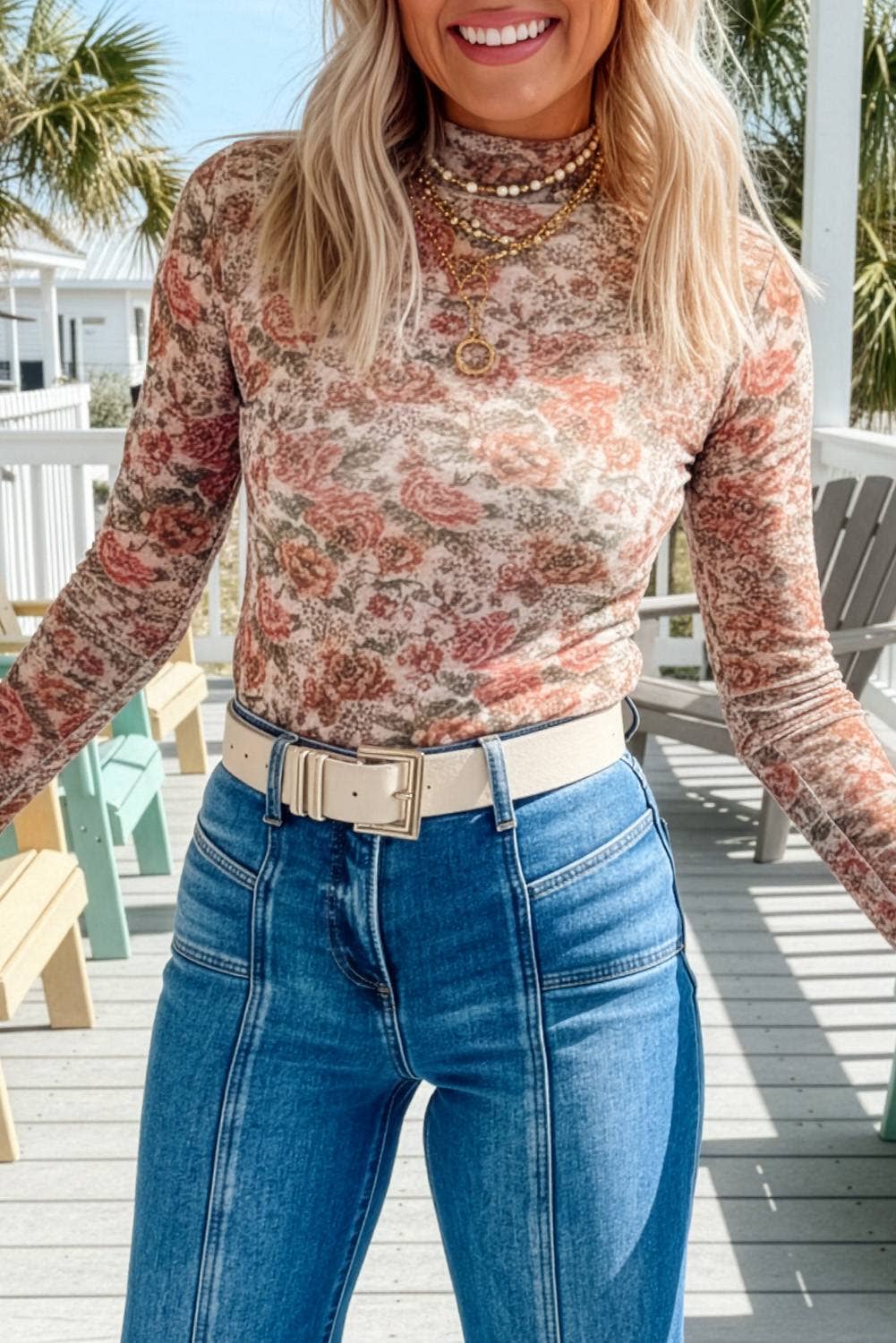 Floral Print Mesh Mock Neck