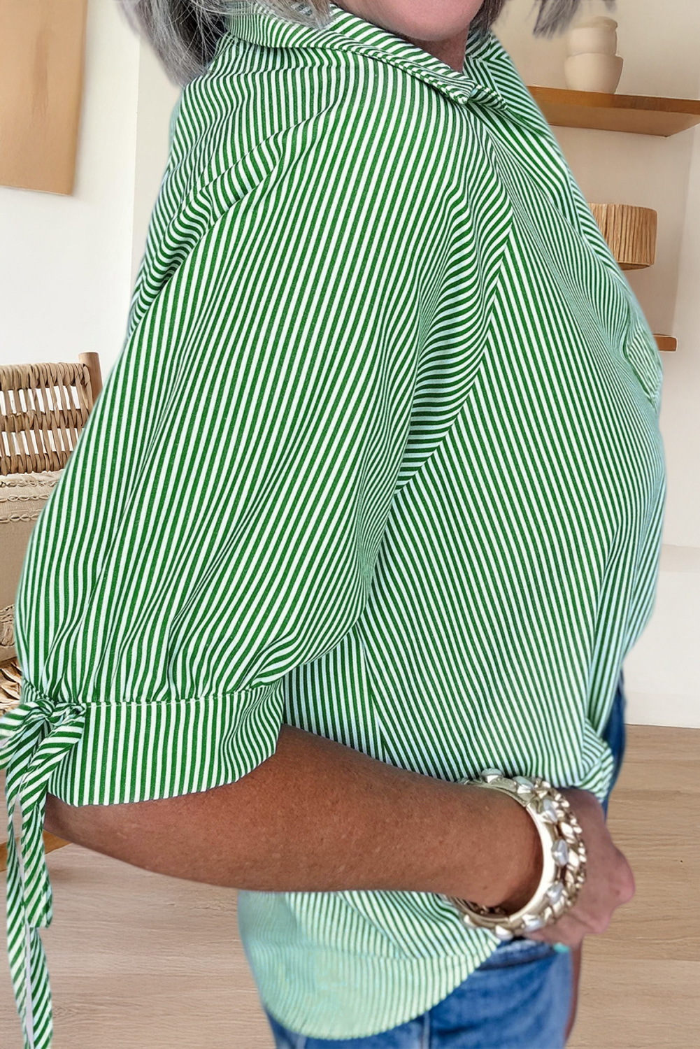Striped Print Collared Split Neck Half Sleeve Blouse