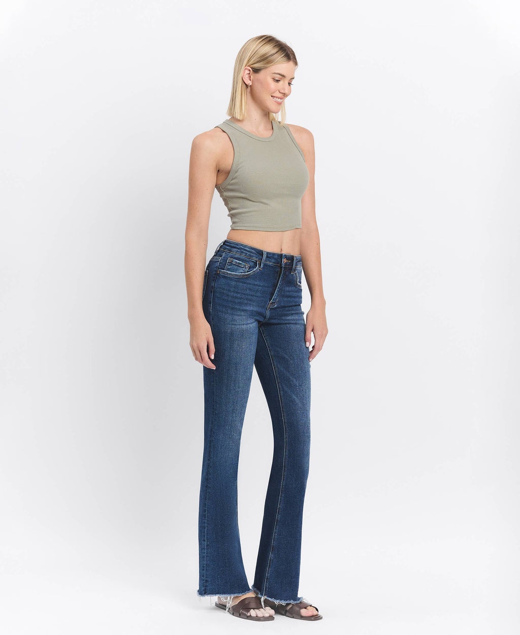 Lovervet by VERVET High Rise Medium Dark Wash Raw Hem Bootcut Jeans