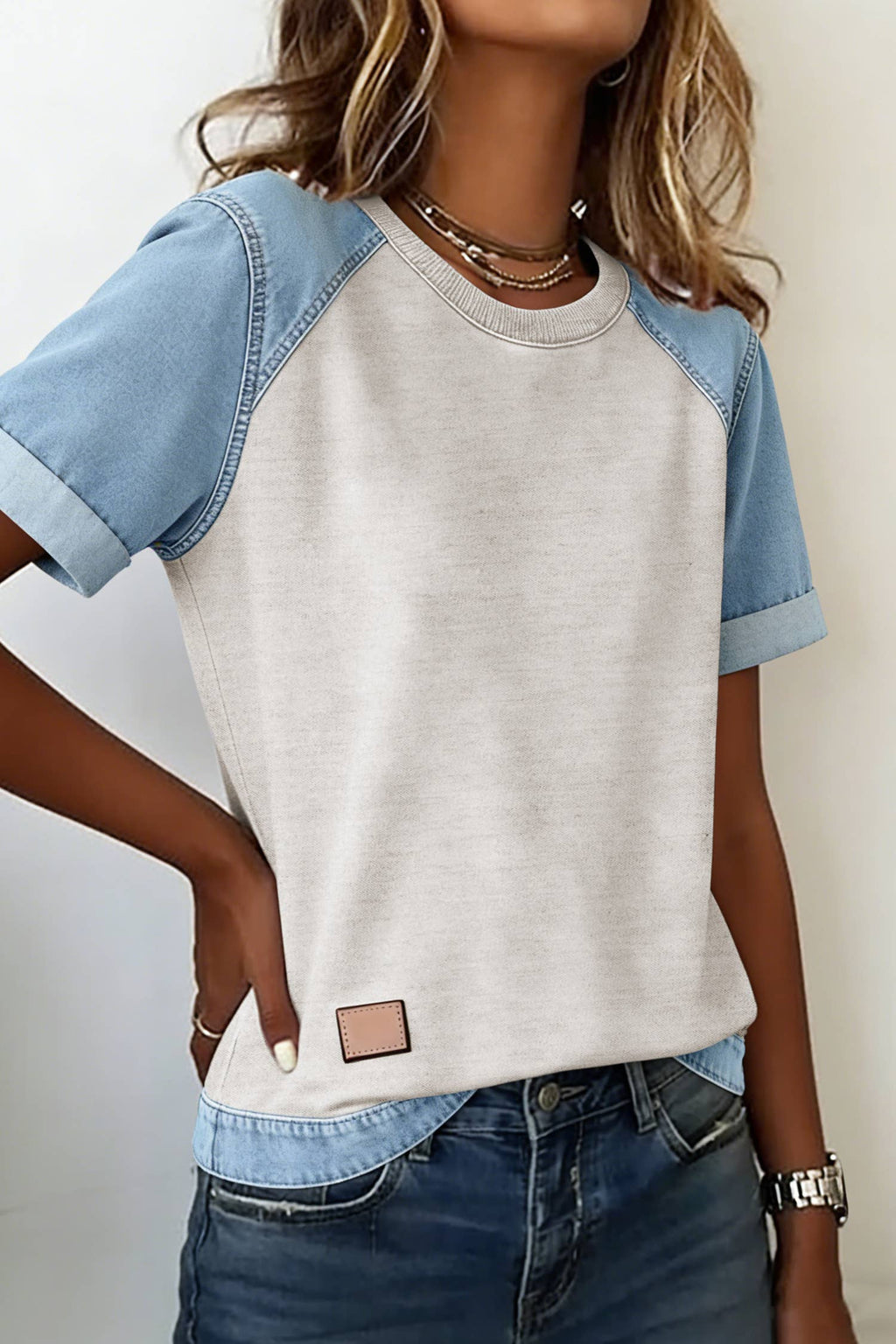 Denim Color Block Patchwork Round Neck Tee