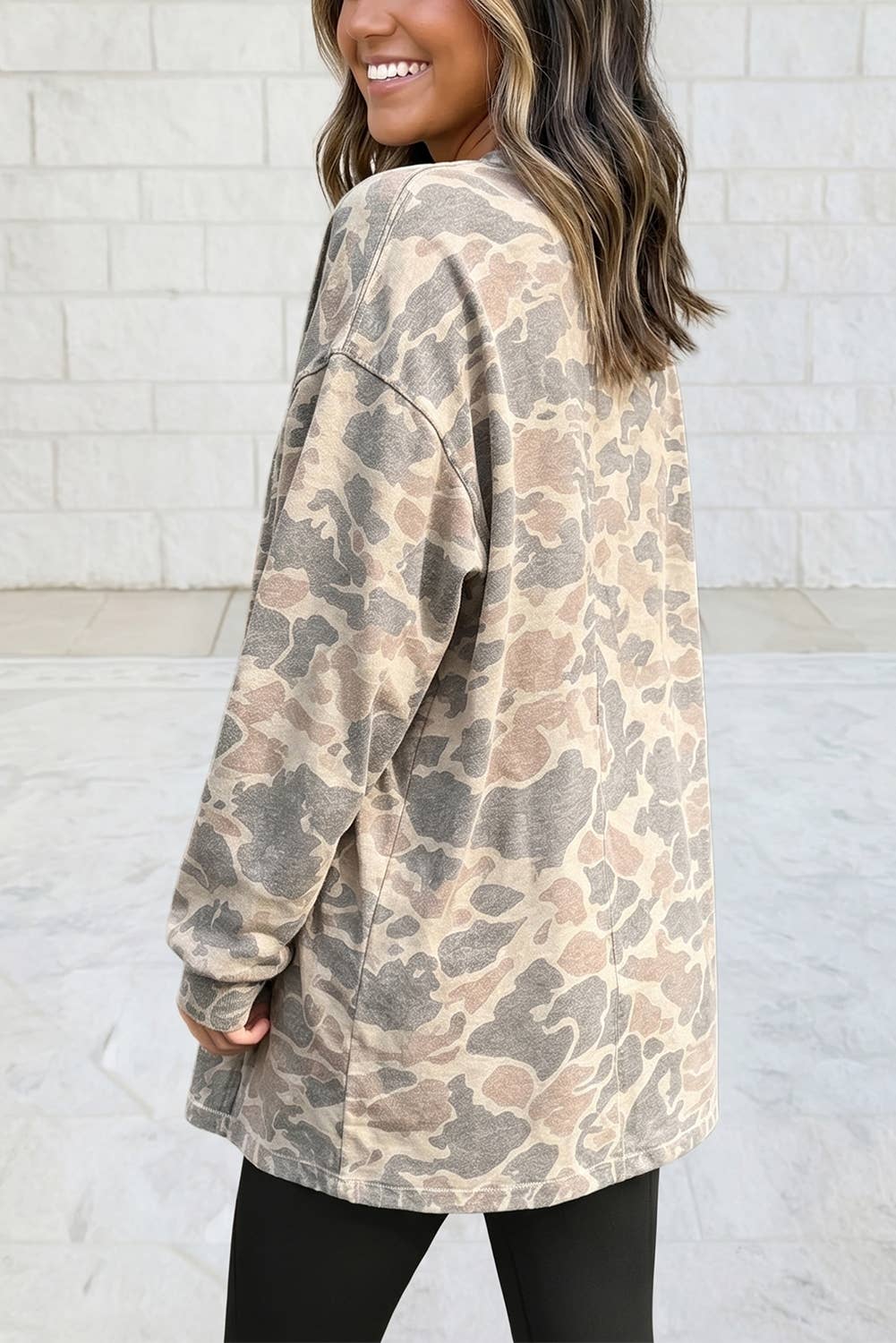 Camo Print Long Sleeve Tunic V Neck Open Front Cardigan