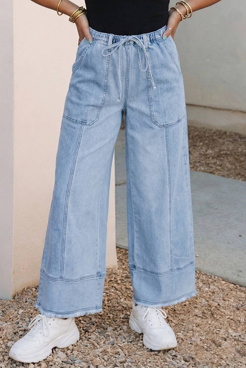 Drawstring Seam Detail Raw Hem Wide Leg Denim Pants