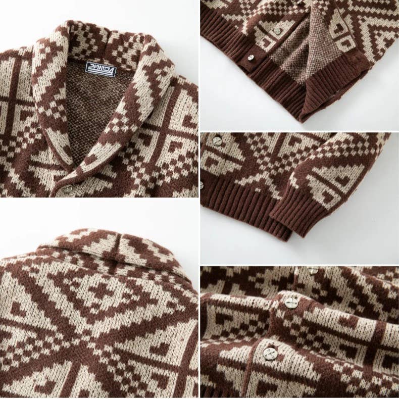 Cowichan-style Geometric Aztec Jacquard Knit Sweater
