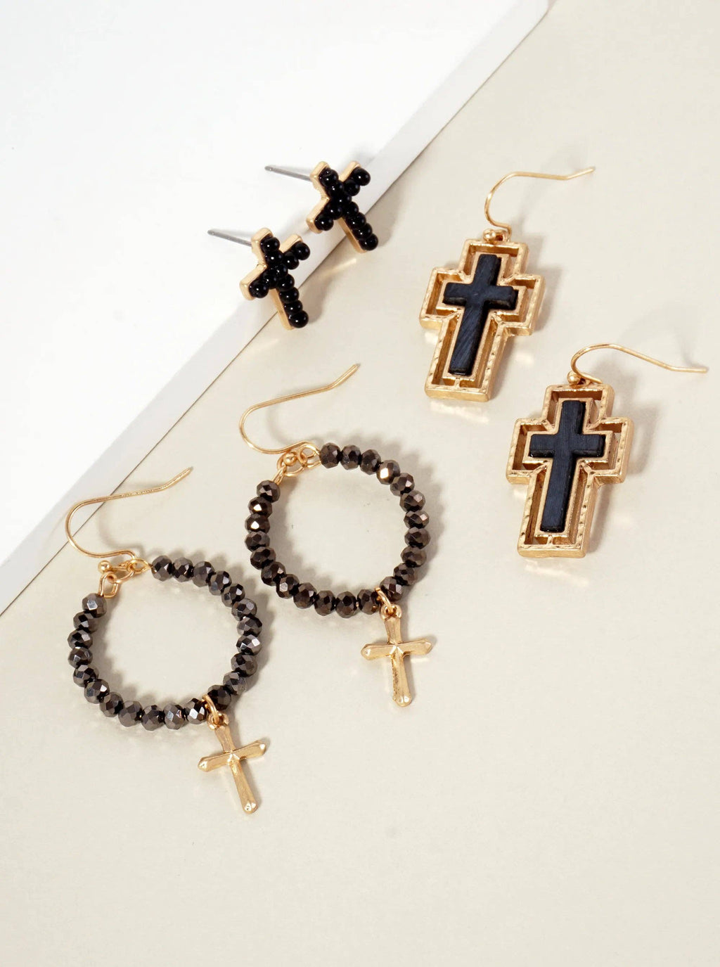 3PC-Set Semi-Precious Natural-Stone & Glass-Bead Cross Design Dangle Stud Earrings