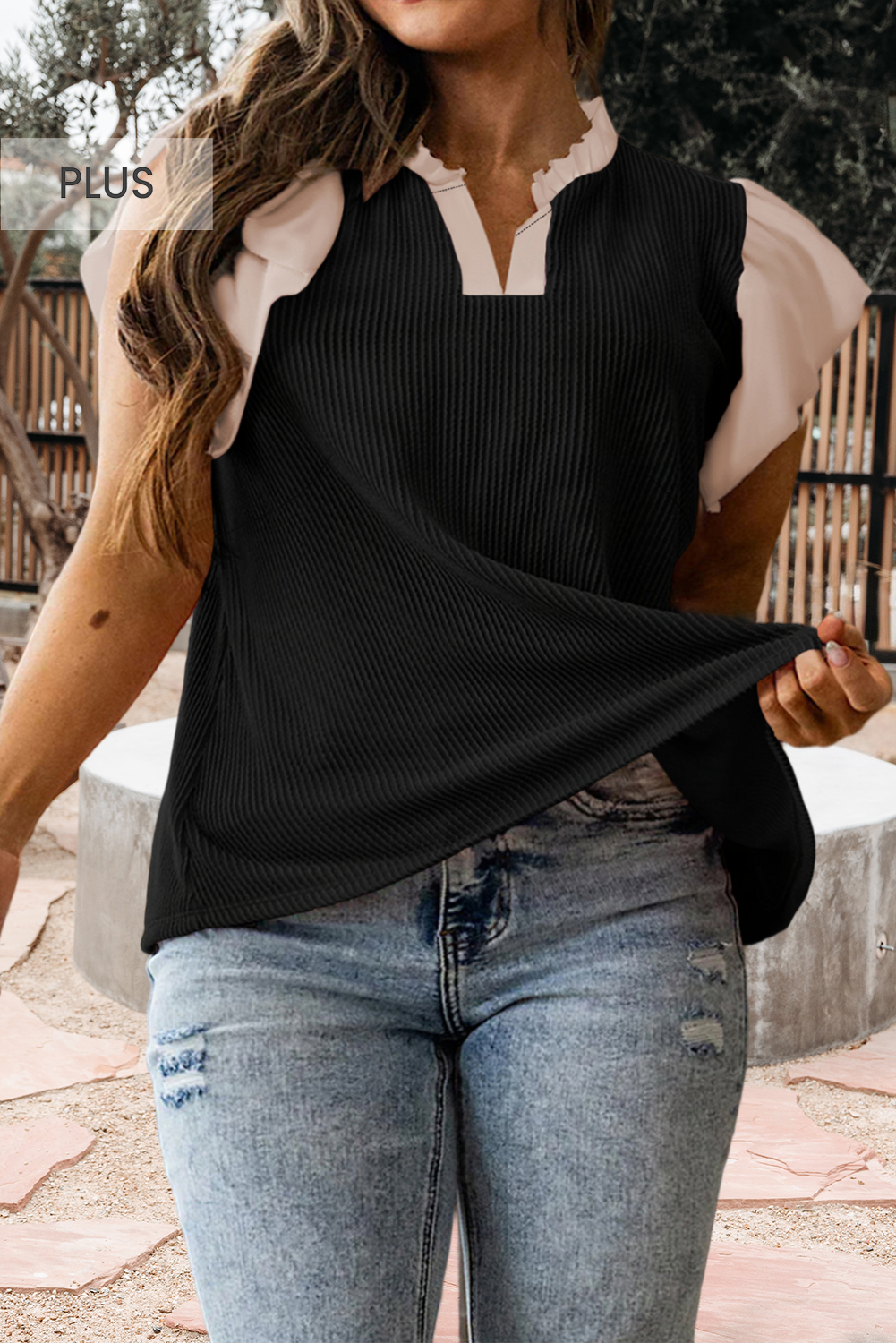 Contrast Frilled Neckline Ribbed Textured Blouse