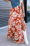 Floral Orange Mid Length Skirt w/ Slit