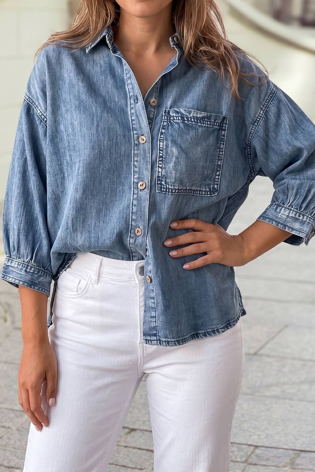 3/4 Sleeve Button Front Loose Denim Shirt