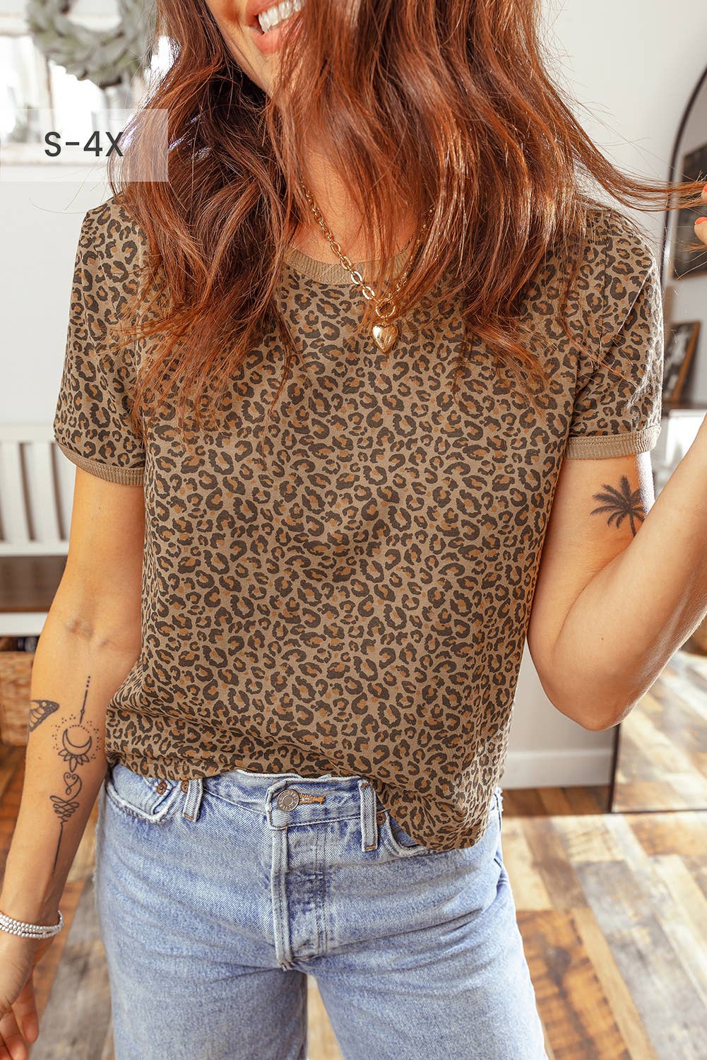 Leopard Print Ribbed Trim Round Neck Tee
