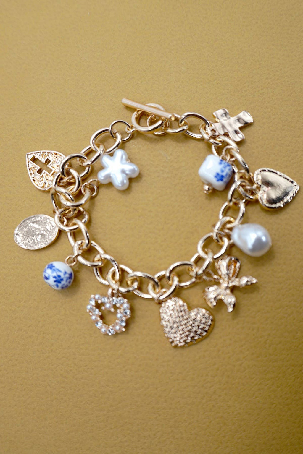 CERAMIC PORCELAIN HEART BOW PEARL CHARM BRACELET