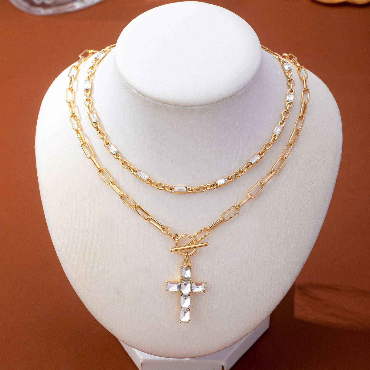 Layered Paperclip Chain Crystal Cross Necklace