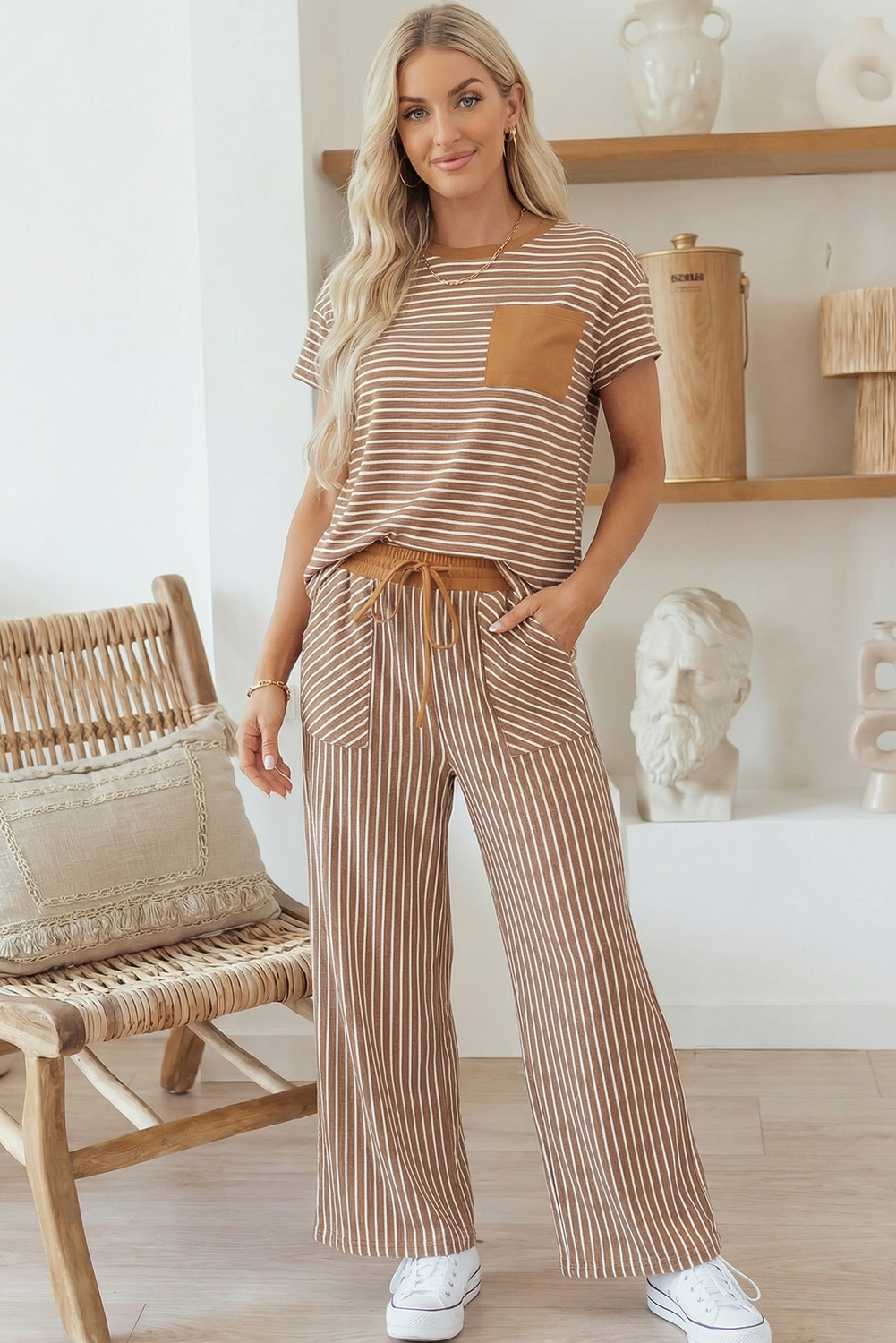 Stripe Tee and Drawstring Waist Pants Set