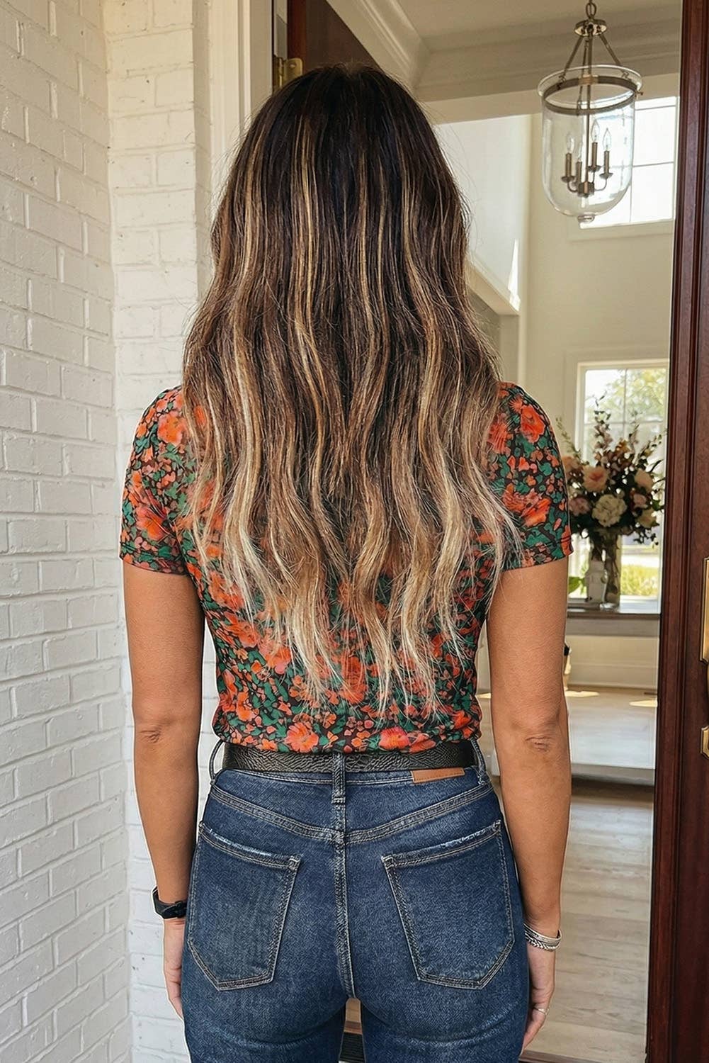 Retro Floral Printed Mesh Western Top