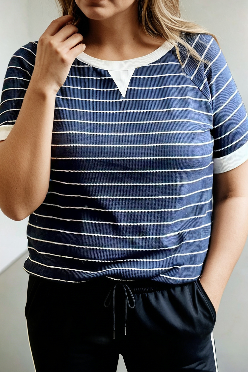 Stripe Contrast Trim Plus Size Ribbed T Shirt