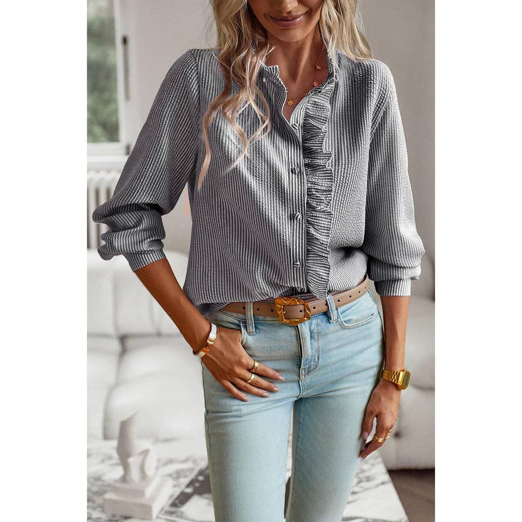 Frenchy Striped Print Ruffle Trim Button Front Shirt