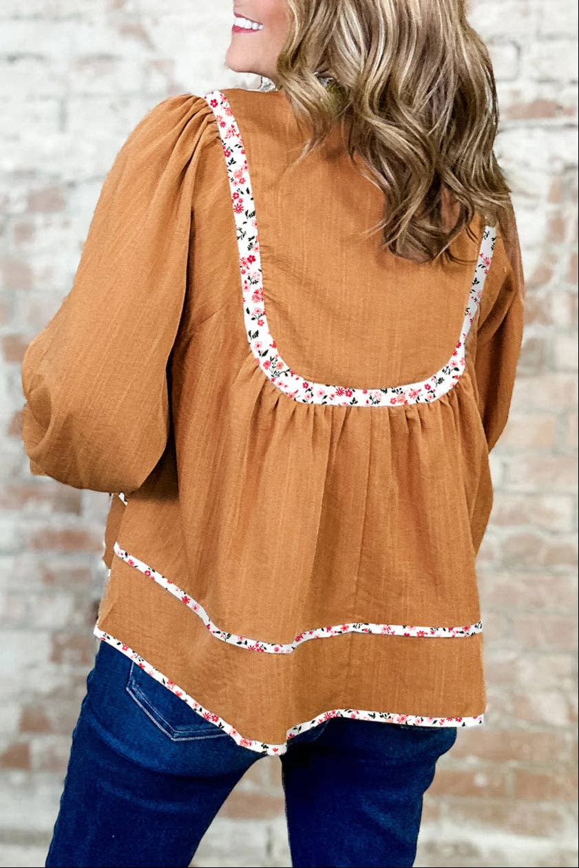 Floral Trim Pleated Puff Sleeve Blouse