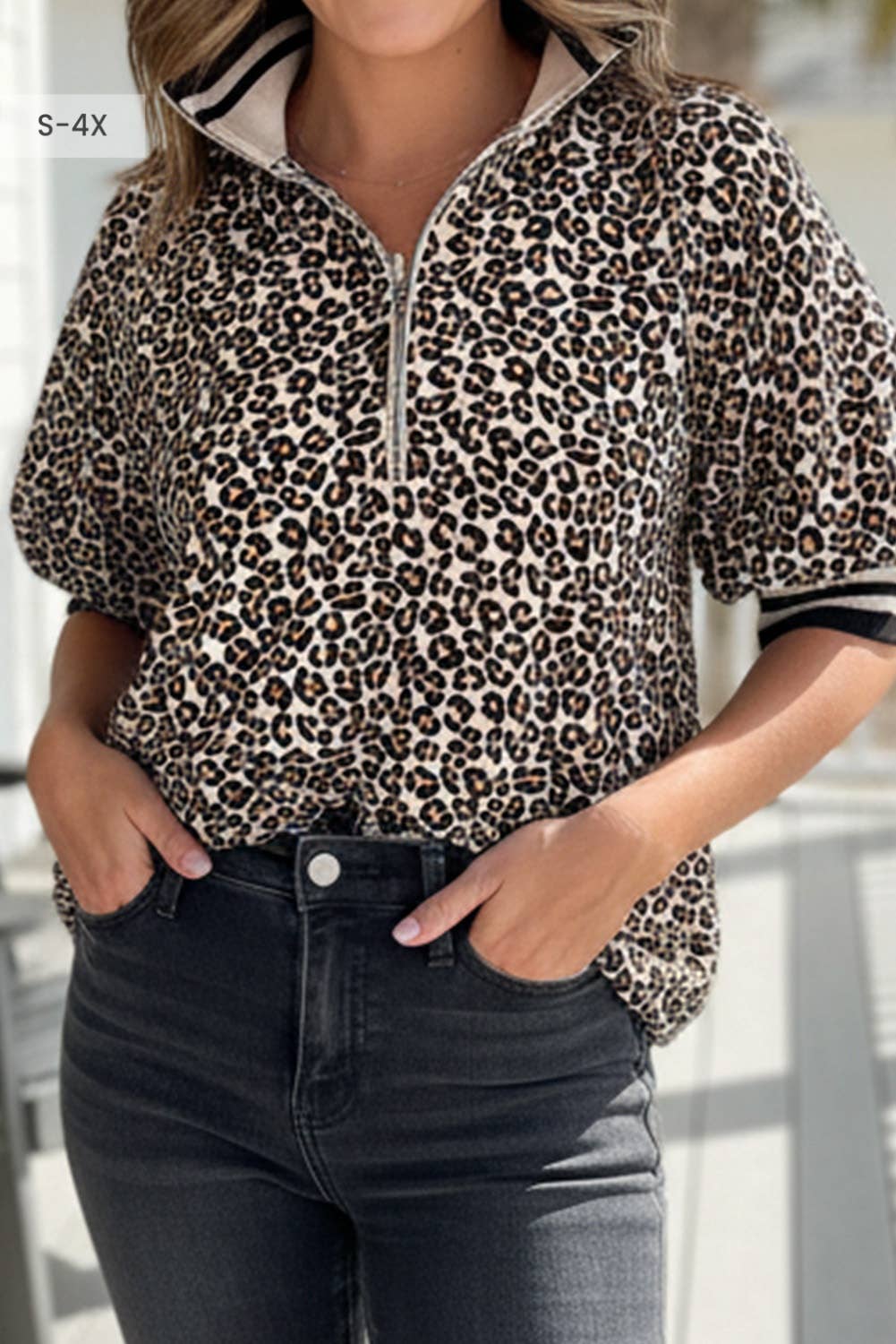 Leopard Half Zip Stripe Mock Neck Top