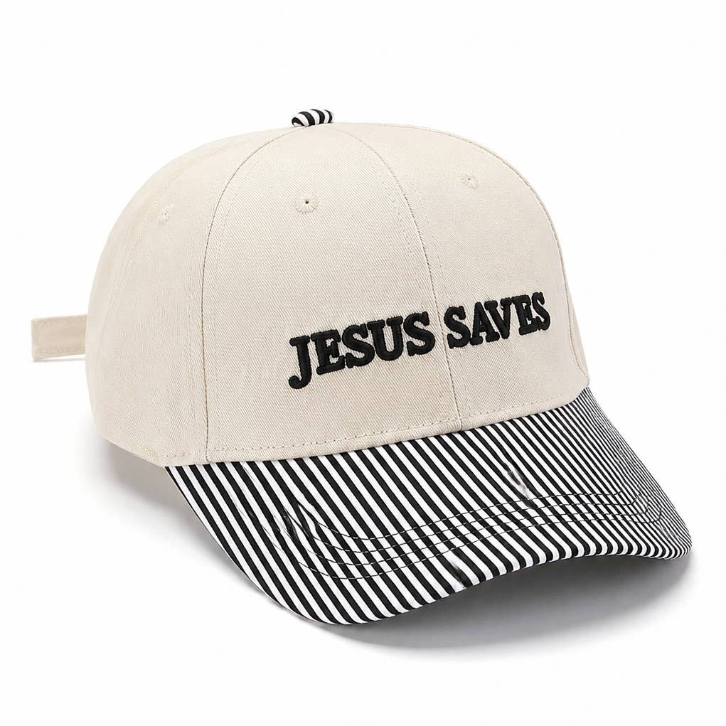 "JESUS SAVES" Striped Visor Embroidered Baseball Cap