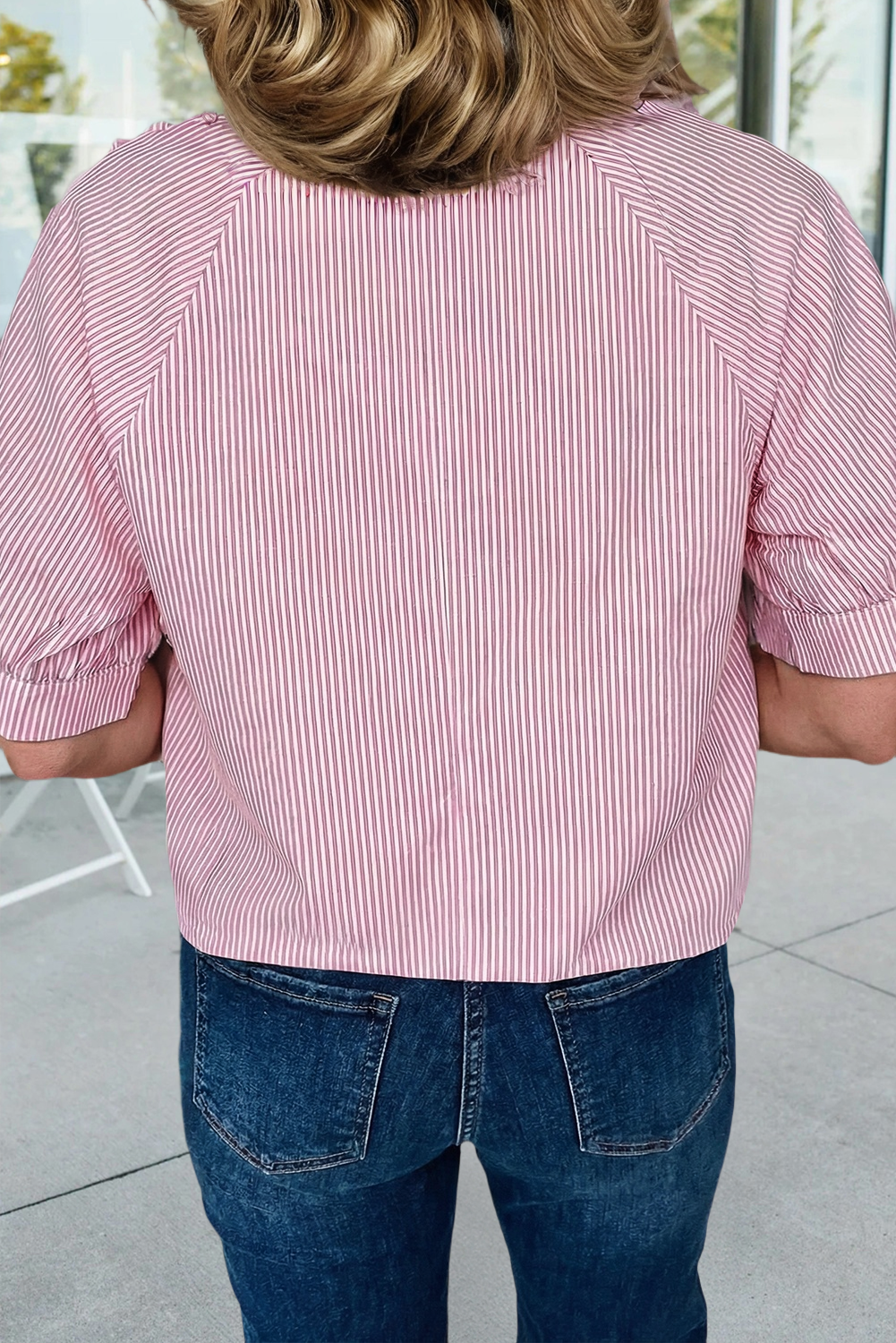 Striped Print Collared Split Neck Half Sleeve Blouse