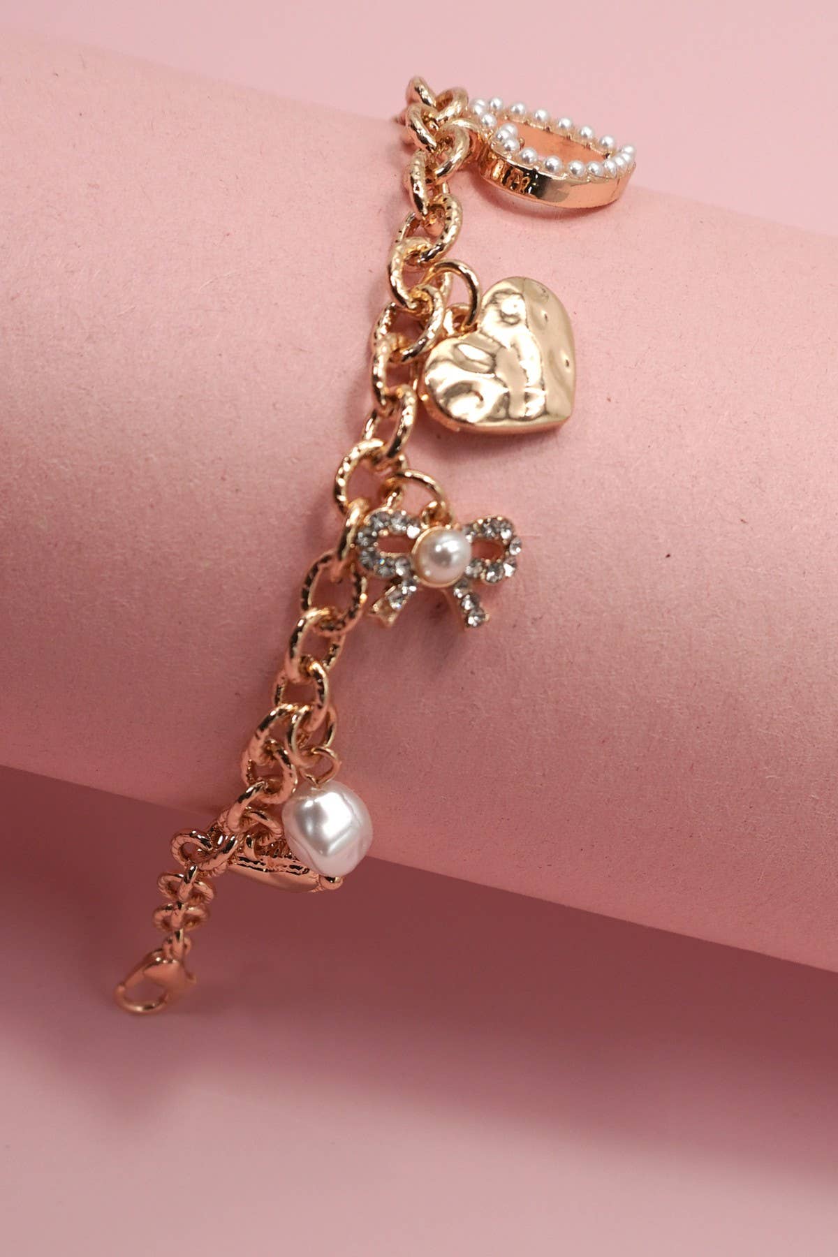 CHARM BRACELET-BOW HEART PEARL DISC CHARMS
