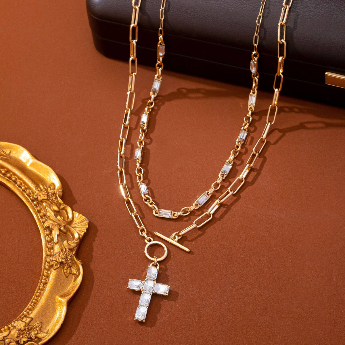 Layered Paperclip Chain Crystal Cross Necklace