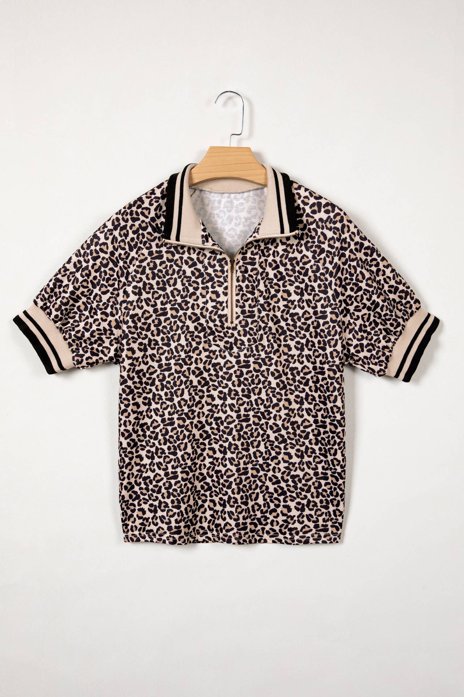 Leopard Half Zip Stripe Mock Neck Top