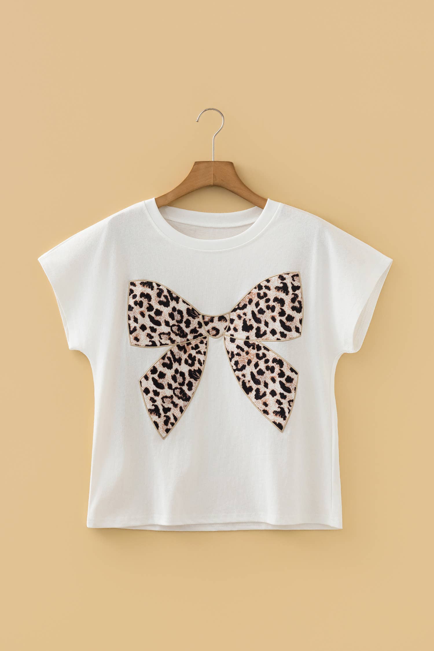 Leopard Bow Embroidered Cotton Round Neck T Shirt