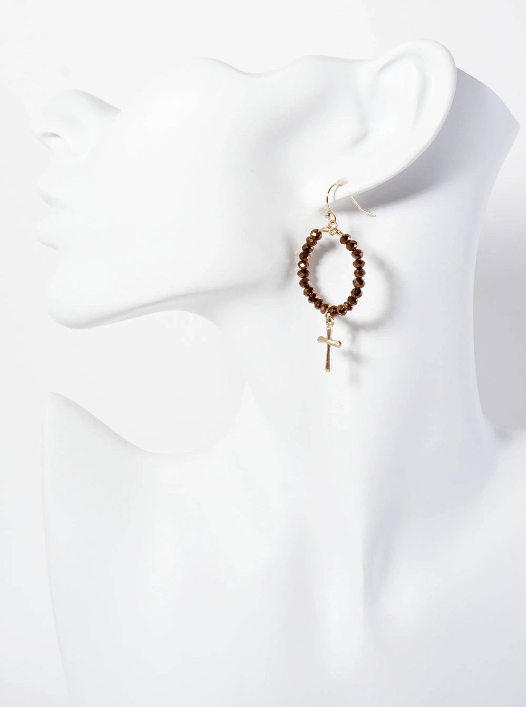 3PC-Set Semi-Precious Natural-Stone & Glass-Bead Cross Design Dangle Stud Earrings