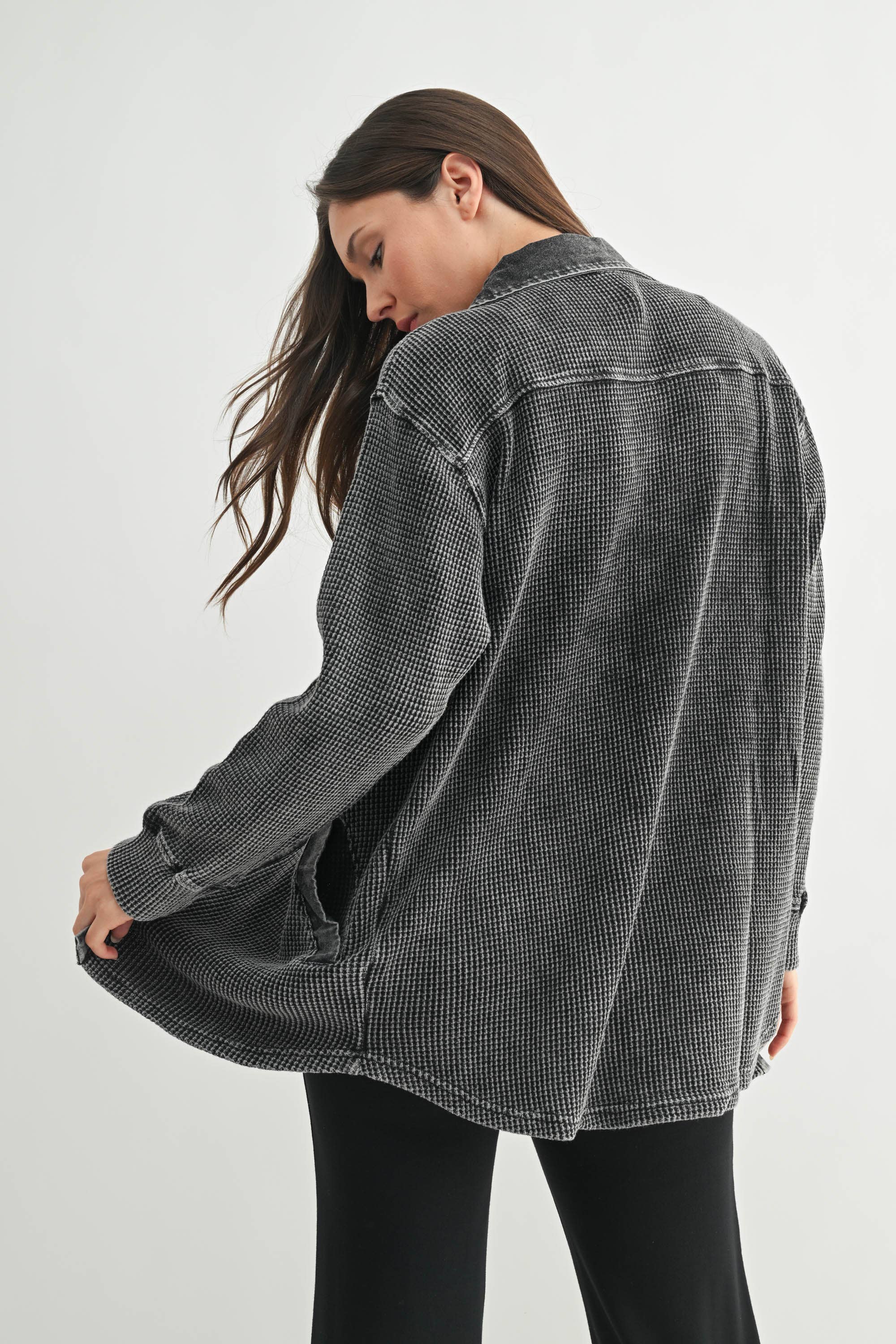 Waffle Knit Mineral-Washed Button Down Jacket