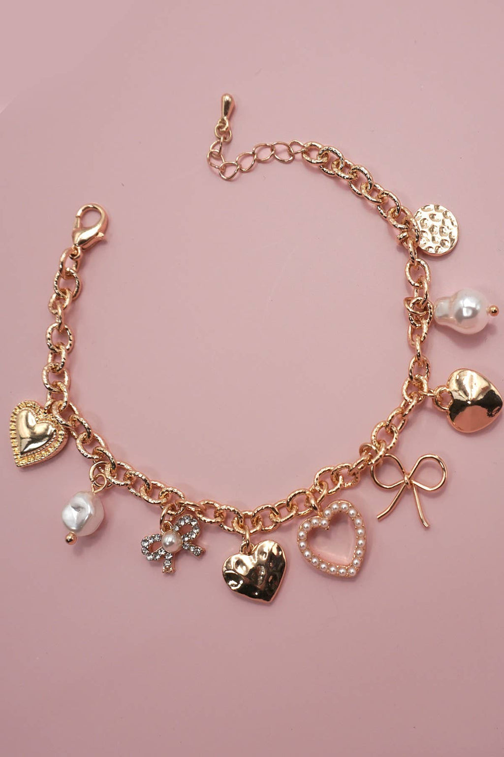 CHARM BRACELET-BOW HEART PEARL DISC CHARMS