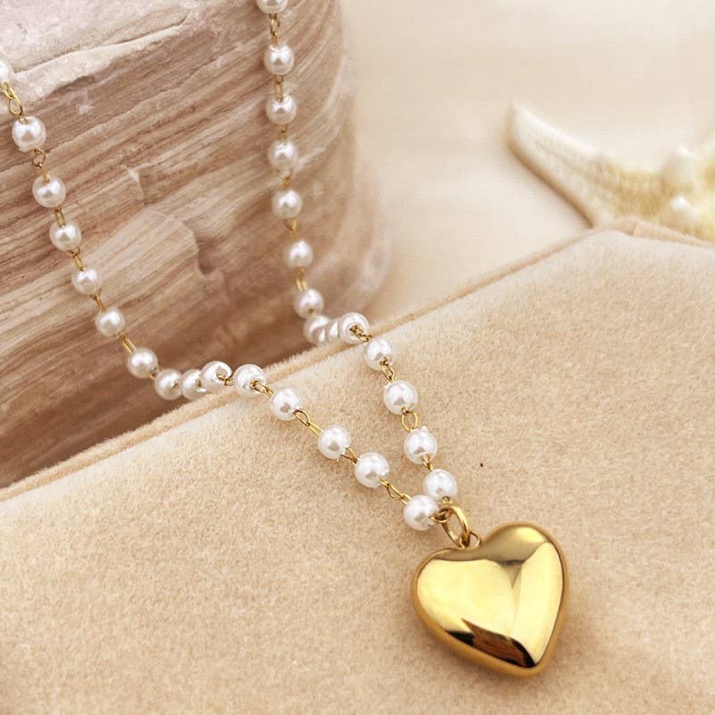 Pearl Chain Gold Heart Necklace