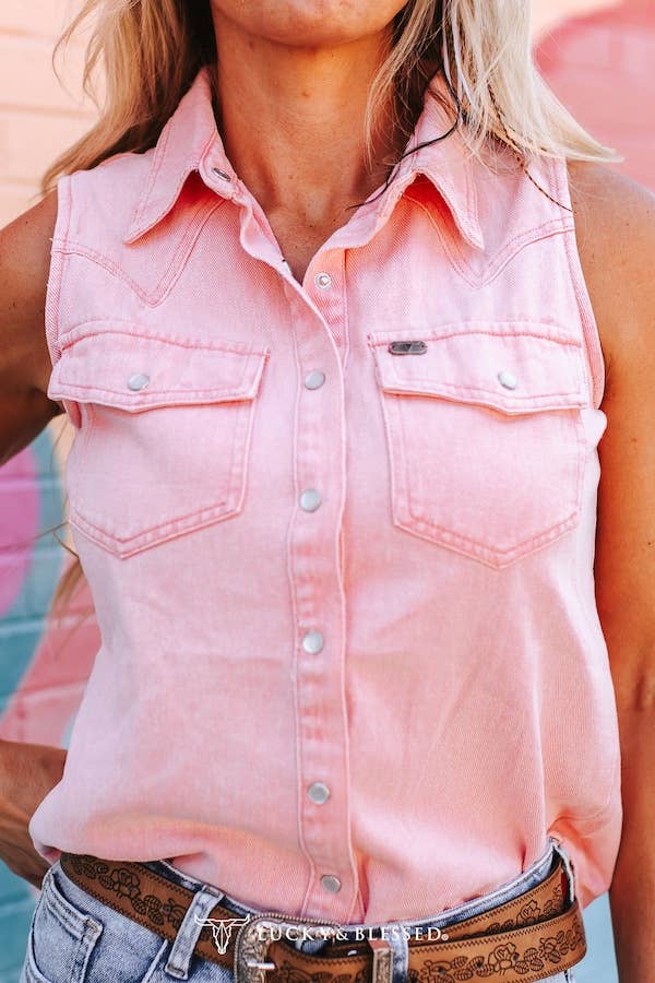 Plus Size Pink Sleeveless Vintage Wash Western Shirt