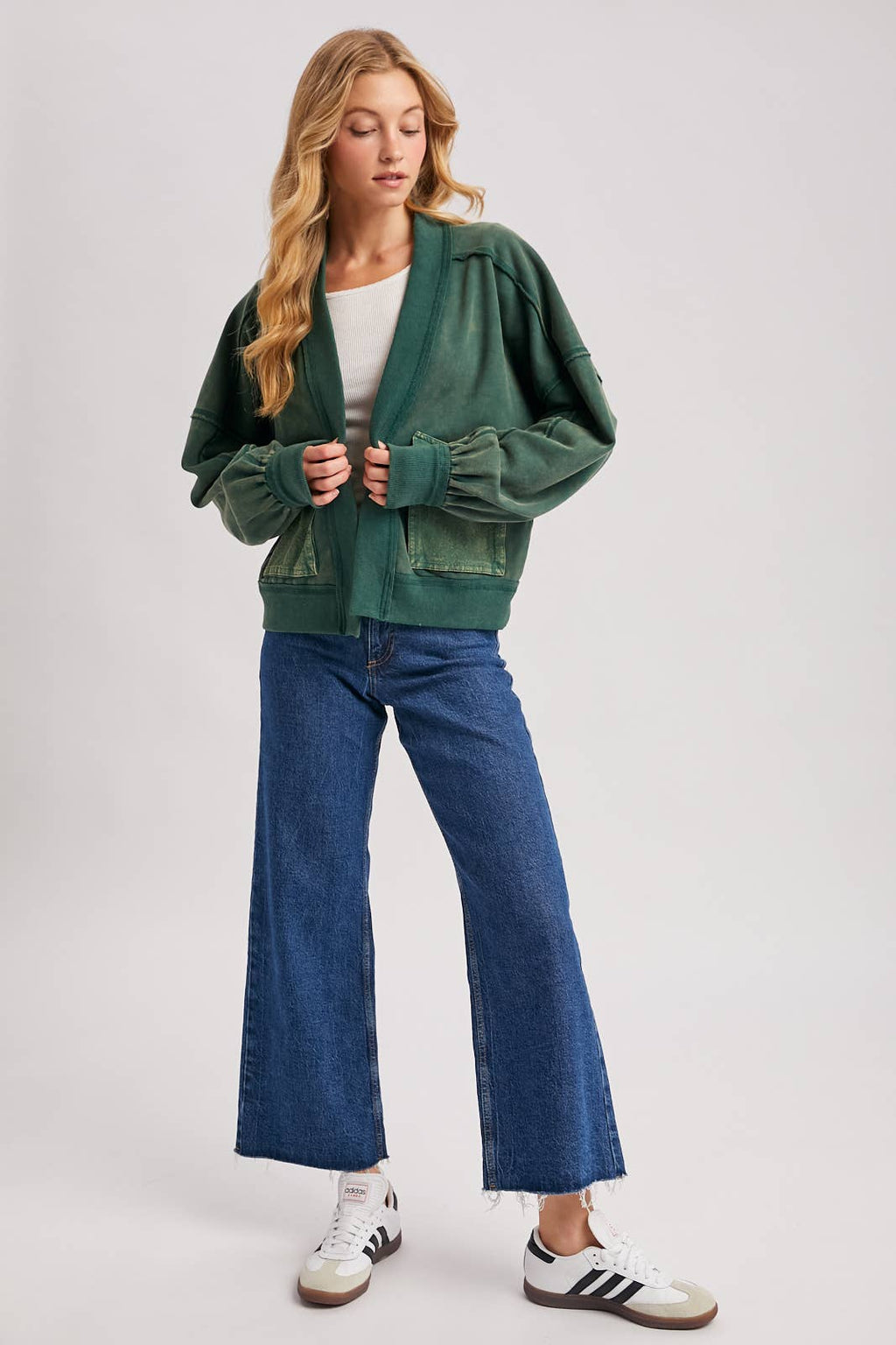 WASHED COLLARLESS OPEN FRONT CARDIGAN