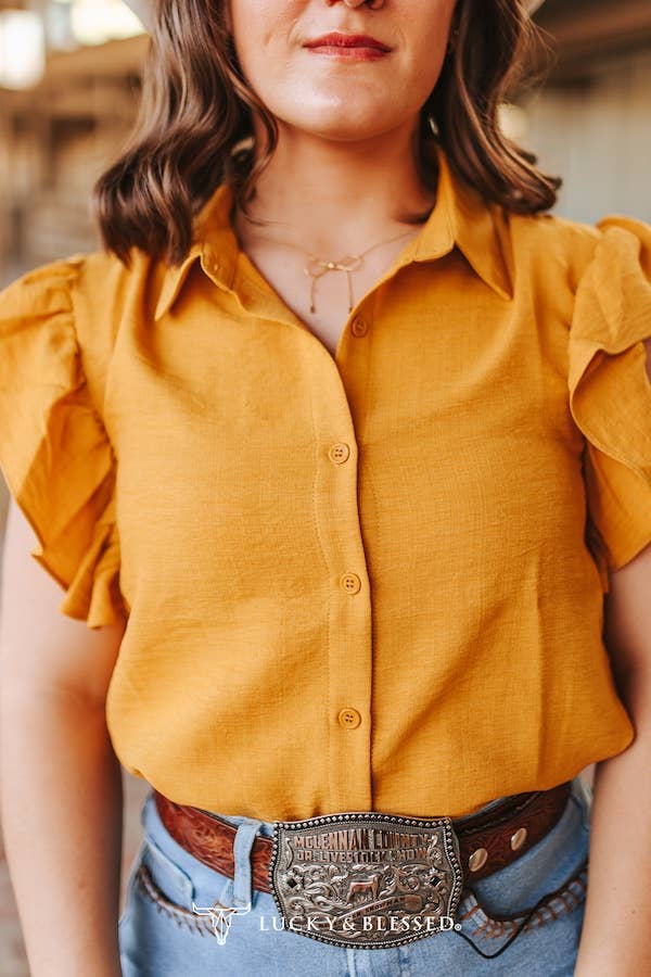 Mustard Collared Button Down Ruffle Short Sleeve Top